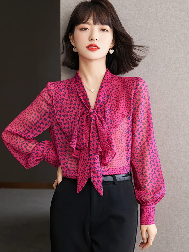 

Fashion Houndstooth Print Chiffon Women Shirt Office OL Sweet Bow Tie Long Sleeve Casual Loose Blouse Blusas Female Clothing