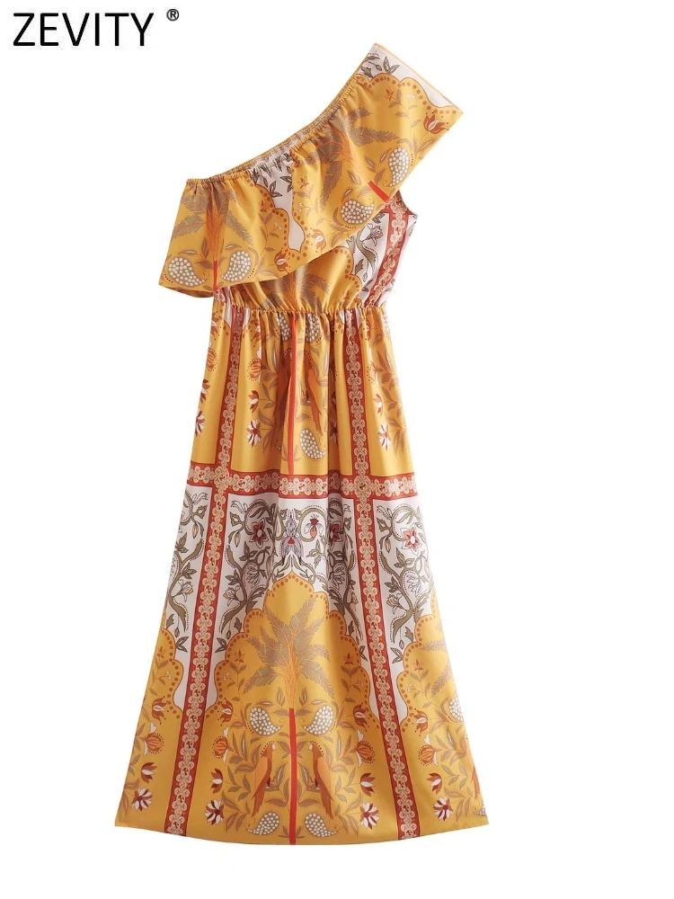 

ZEVITY Women Vintage Totem Floral Print Asymmetrical Midi Dress Female Chic Single Shoulder Ruffles Retro Vestidos DS9362