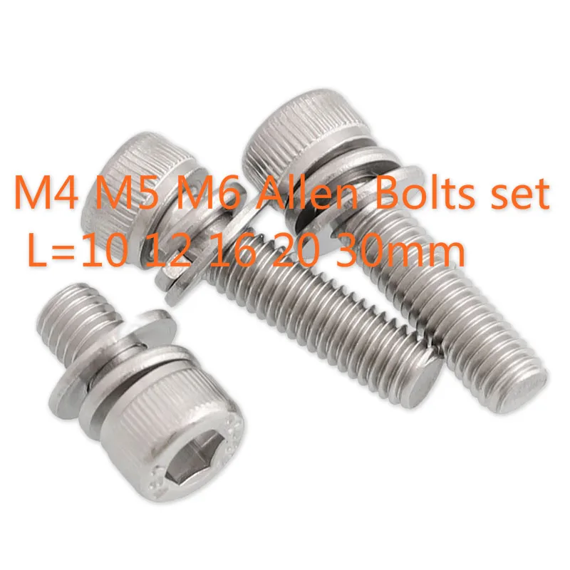 

10set Hex Bolt Set M4 M5 M6 Allen Socket Screws DIN912 Flat Spring Washer Gasket 304 Stainless Steel L=10-30mm 16mm 20mm