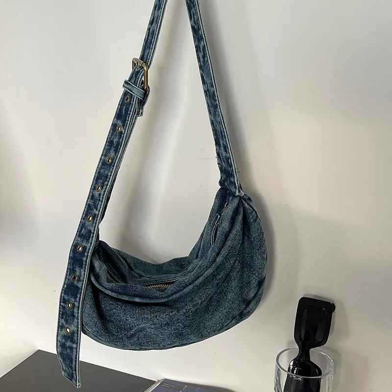 

Half Moon Hobos Tote Fashion Denim Shoulder Bag Luxury Designer Canvas Handbags and Purses Wide Strap Crossbody Bags for Women