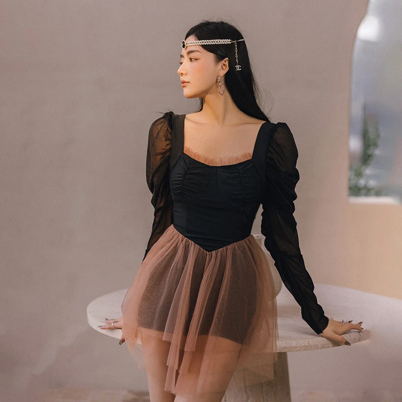 

One Piece Swimsuit With Push Swiming Suit Women 2022 For Surf Skirt Female New Long Sleeve Block Korean Bikini Patchwork