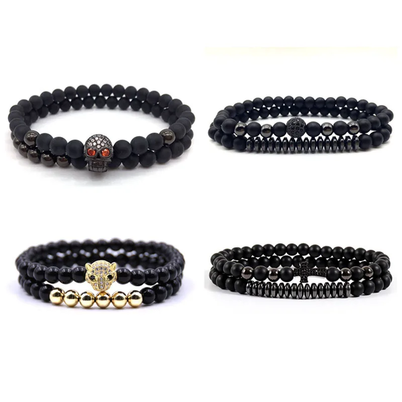 

Trendy 2 Pcs/ Set Cross Charm Bracelet Men Pave Cubic Zirconia Handmade 6mmross Matte Beaded Bracelet For Men Jewelry Gift