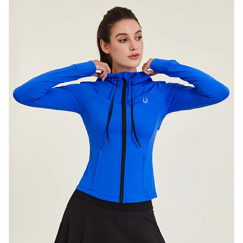 Women Autumn Winter Sports Hooded Jacket Top Tight Fitting Yoga Sportswear Running Quick Drying Zipper Clothes Gym Long Sleeved