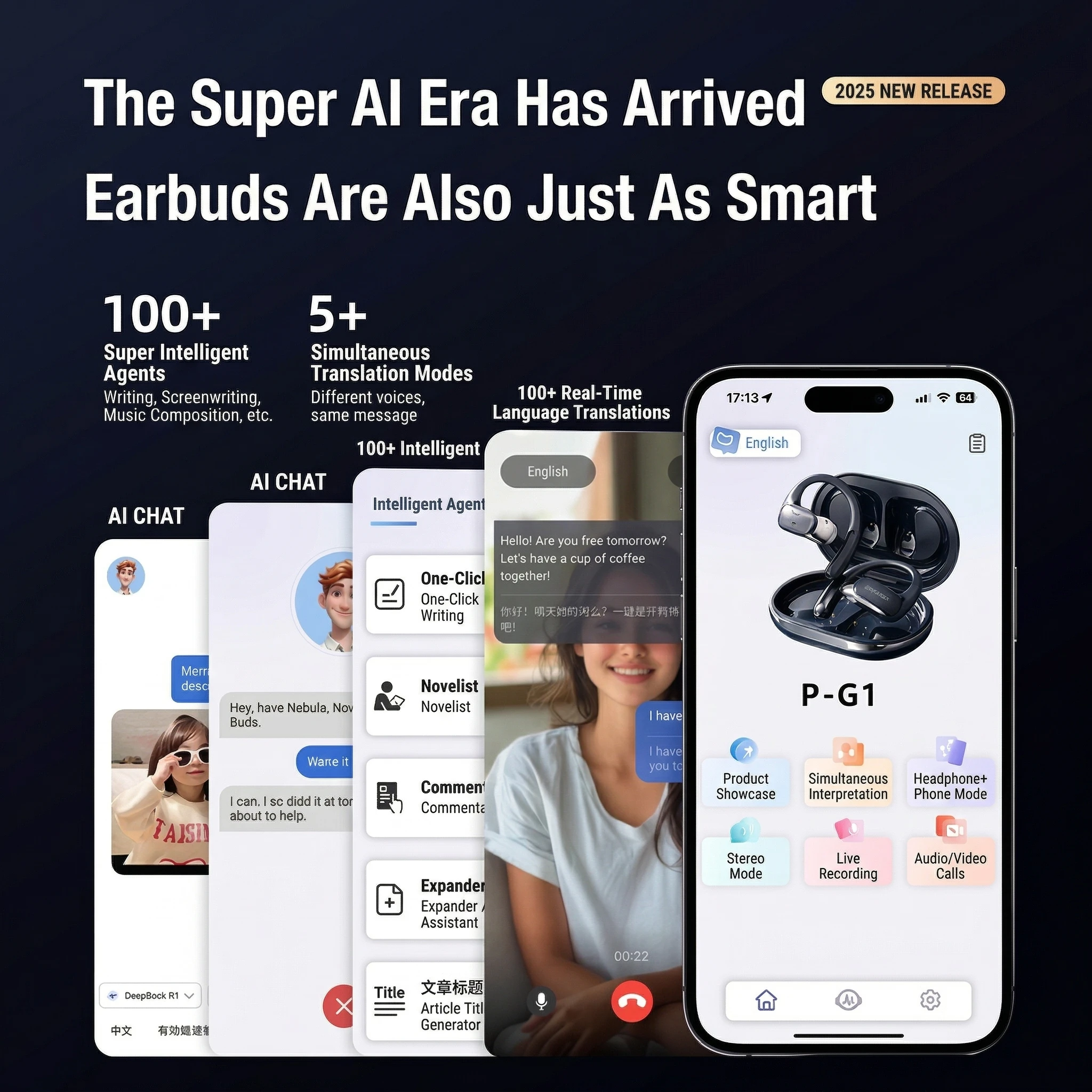 Фото Беспроводные Bluetooth-наушники Monoise P-G1 с AI-голосовым помощником, открытым ухом, функцией ChatGPT, переводом в реальном времени и 80-часовой автономной работой №1