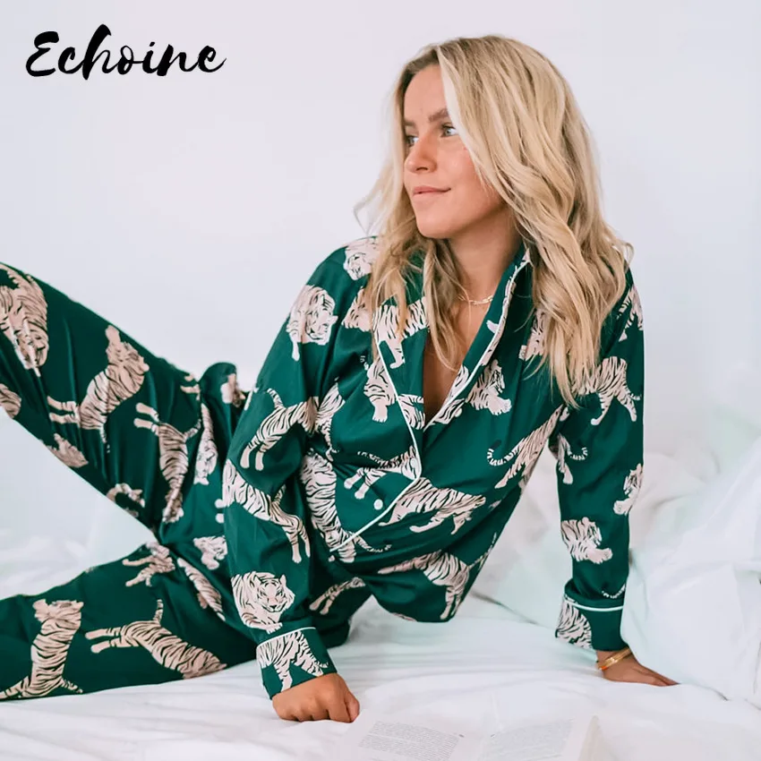 

Animal Print Pajama Feminino Summer Nightwear Trouser Suits Satin Set Woman 2 Pieces Long Sleeve Sleep Tops Nightie Pajama