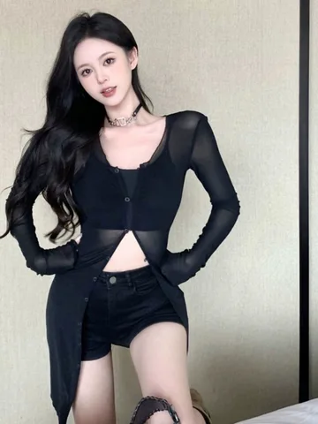 Сексуальный черный прозрачный длинный сетчатый Топ для женщин, модная облегающая летняя прозрачная рубашка в Корейском стиле с длинным рукавом и пуговицами, кардиган