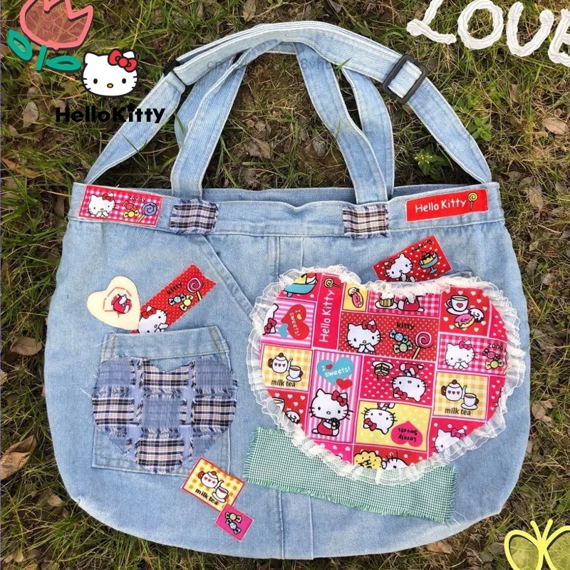 Y2k Vintage Denim Handbags Sanrio Hello Kitty Shoulder Large Capacity Messenger Bag Women Fashion Casual Tote Girl Shopping Bag