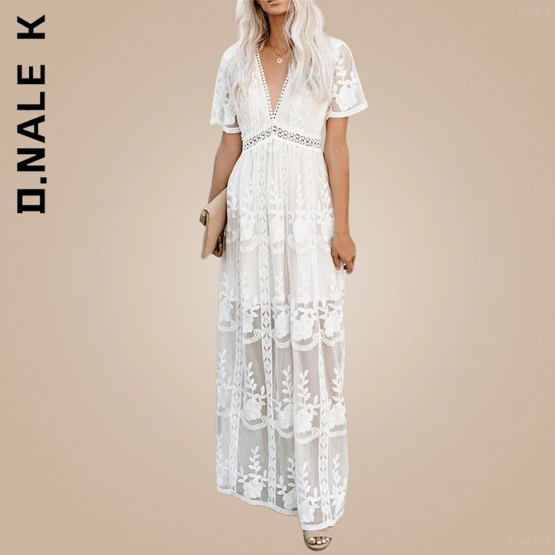

D.Nale K Embroidery White Lace long Tunic Beach Dress 2022 Summer Boho Women Maxi Dress Loose Vacation Holiday Women Clothing