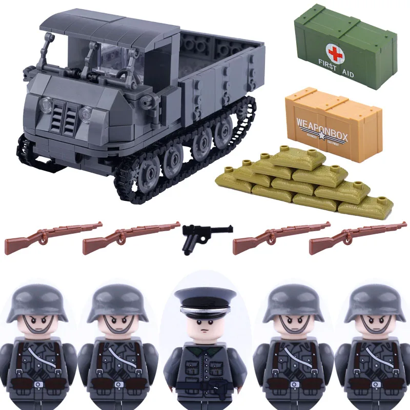

WW2 Germany Military RSO Tank Truck Building Blocks Army Soldier Figures Weapon Gun 98K Accessories Cannon Arms Parts Bricks Toy