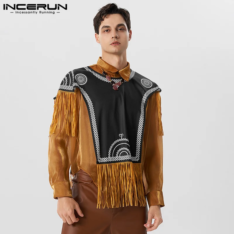 

American Style New Men's Tassel Embroidery Short Camisole T-shirts Ethnic Style Male Printed Pattern Camiseta INCERUN Tops 2023