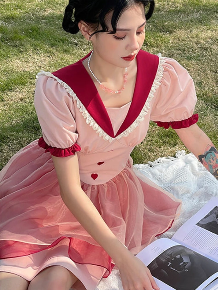 

Women Lace Korean Style Sweet Dress Female Casual Japanese Patchwork Button Lolita Dress 2022 Summer Kawaii Party Mini Dress