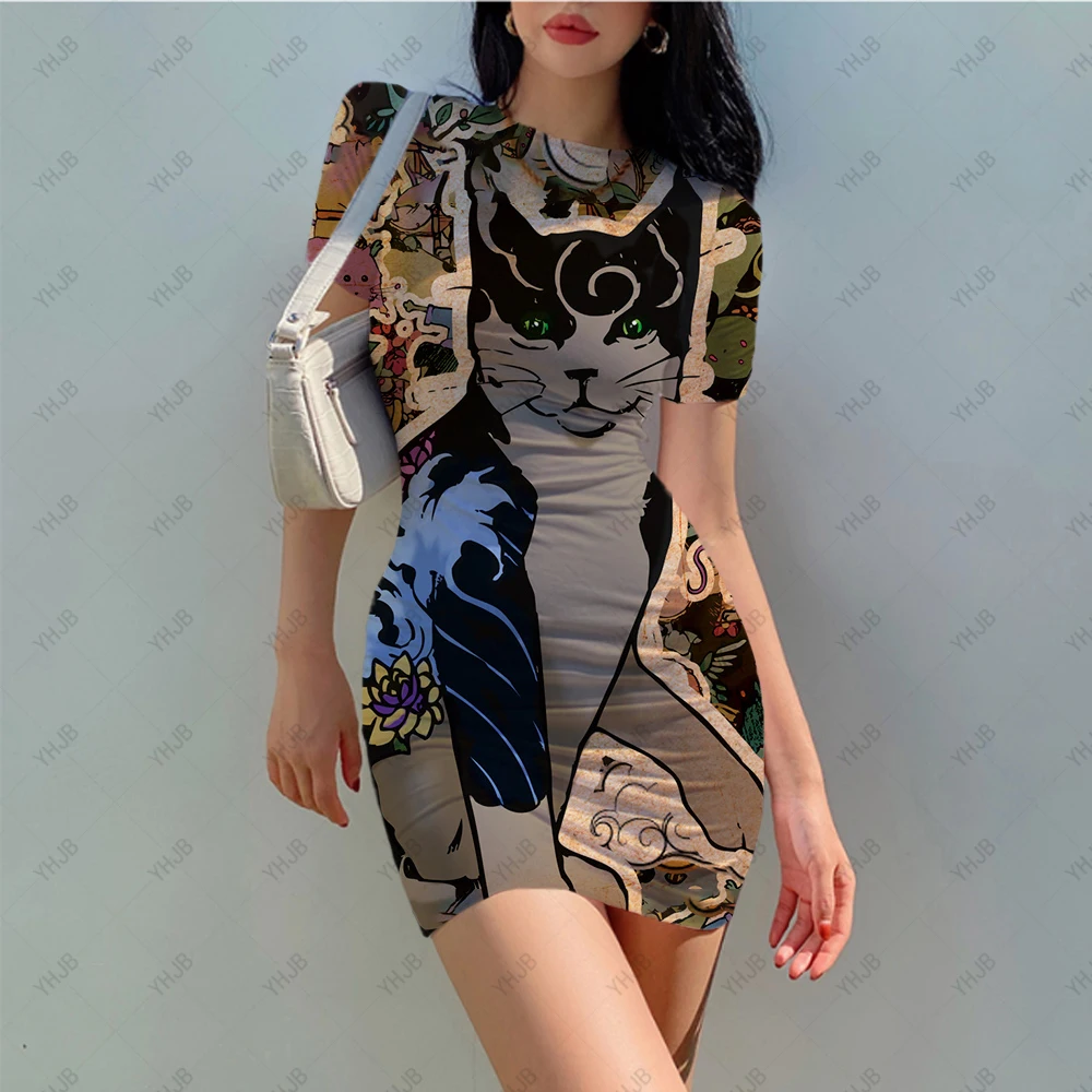

New Cute Cat Mini Dress Women's Vestido Short Sleeve Slim Fit Body Dress Tunic Round Neck Casual Pencil Dress New Arrival