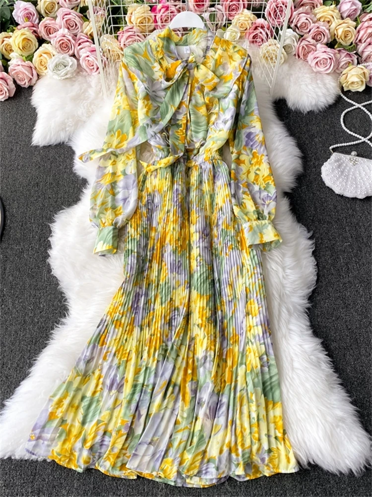 

Women Elegant Floral Printed Dress Female Long Sleeve Elastic Waist A-line Dress 2022 Spring Summer Ladies Vestidos