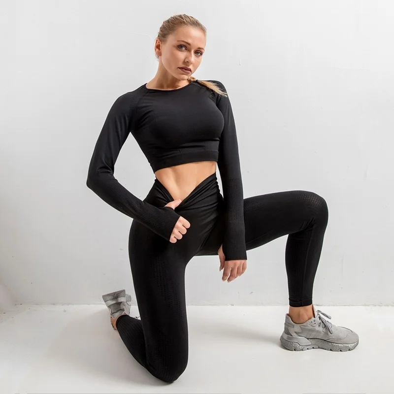 2/3/5PCS Seamless Women Workout Gym Yoga set Quick Dry Long Sleeve Crop Top High Waist Leggings Fitness Sportswear Active Wear