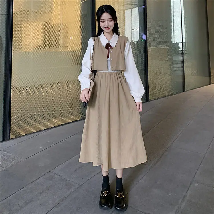 2022 Spring and Autumn Long Sleeved Dress Women's Dress New French Retro Temperament Waist Skirt Fashion Casual Two-piece Dress