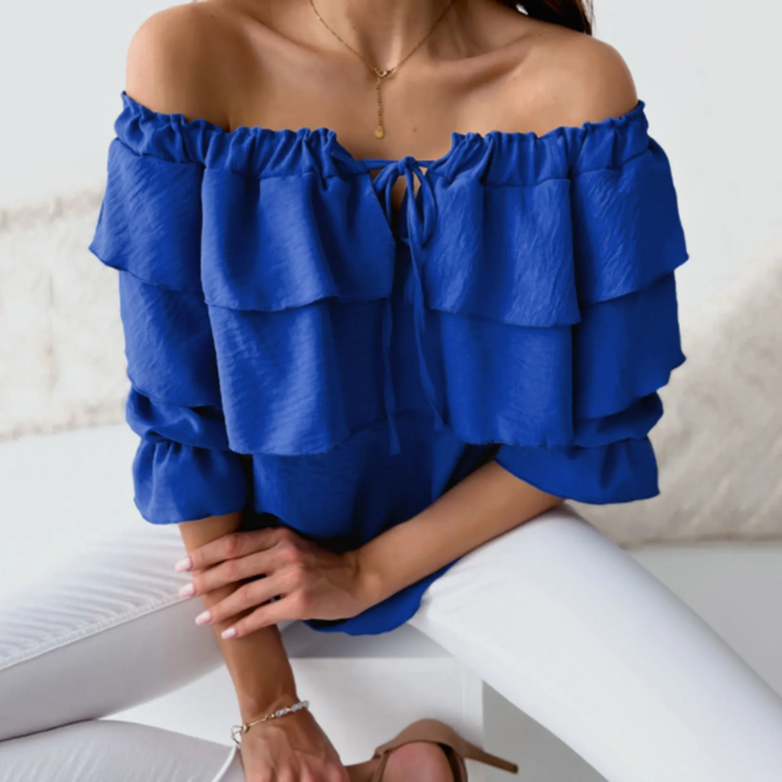 

Sexy Layered Ruffles Women Blouse Summer Fashion Off Shoulder Lace Up Strapless Boho Party Dress Shirt Ladies Pullover Top Blusa
