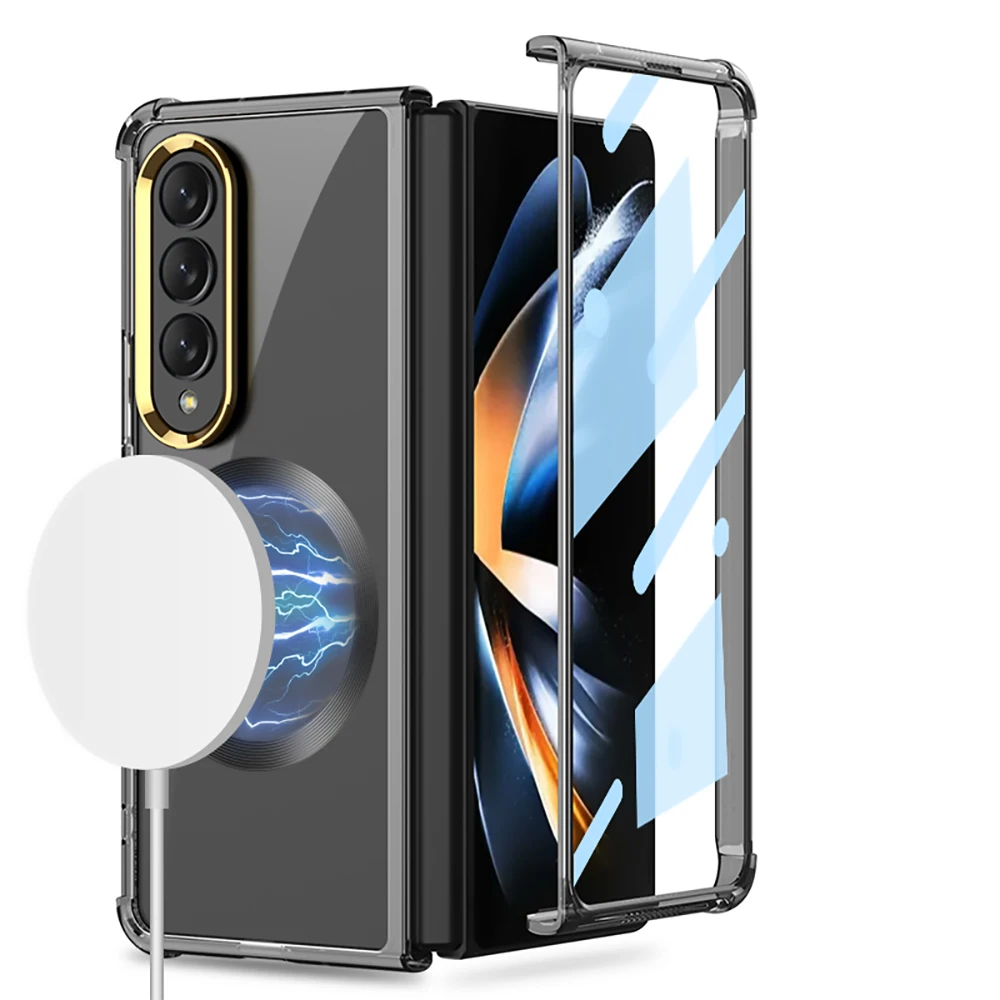 

Military Airbag Finger Ring Holder Transparent Case For Samsung Galaxy Z Fold 4 Fold4 Magnetic Wireless Cover For Magsafe Shell