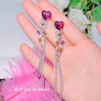 foydjew luxury designer jewelry purple zircon personalized long tassel earrings love heart shaped chain dangle earring for women