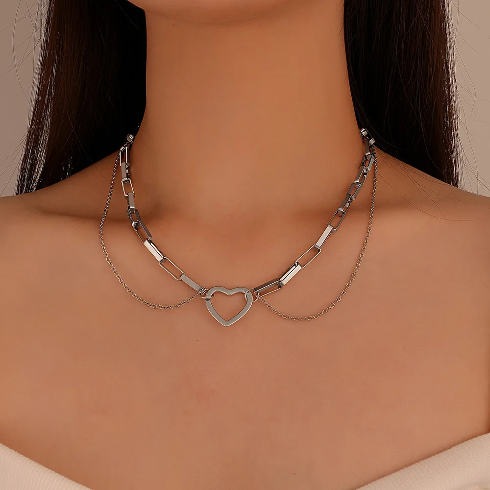 

ZLALHAJA Double Layered Stainless Steel Necklace For Women Heart Pendant Streetwear Chain Necklaces 2022 Trend Fashion Jewelry