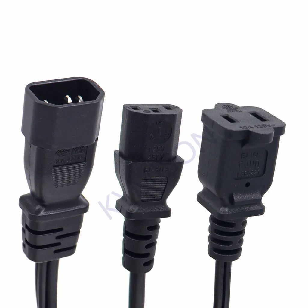 

IEC320 C14 Plug 3-Prong Male Power Cable Cord AC Power Adapter to C13+ Nema 1-15R 2 prong Female Socket Y Splliter Power Cord