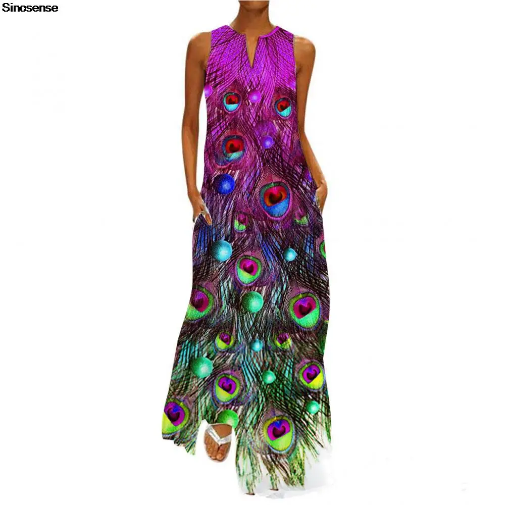 

Women's Summer Sleeveless Loose Maxi Dress Casual Long Dress With Pockets Peacock Feather Printed Vintage Beach Party Dress 5XL