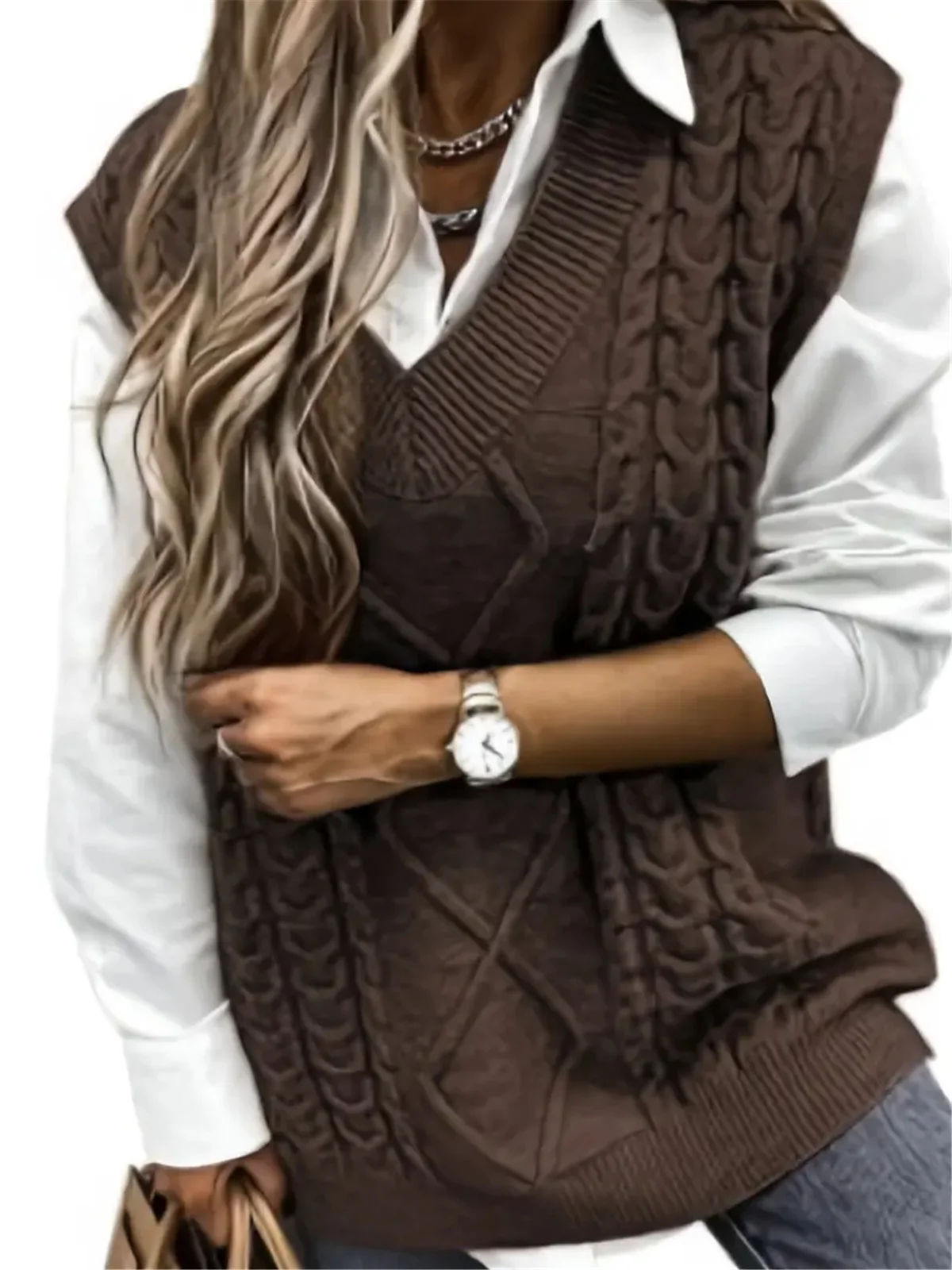 Зимне-осенняя одежда свитер жилет женский с v-образным вырезом текстурированный