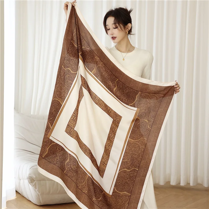 

Retro Silk Scarfs Women 110*110 Cm Shawl Simple Large Square Scarves Brocade Fashion Foulard Autumn and Winter Warm Wraps