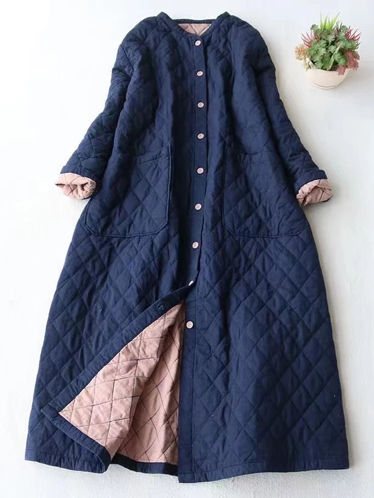 

Women Winter Clothes 2023 New Japan Style Vintage Plaid Oversized Long Coat Literary Cotton-padded Quilted Ladies Loose Overcoat