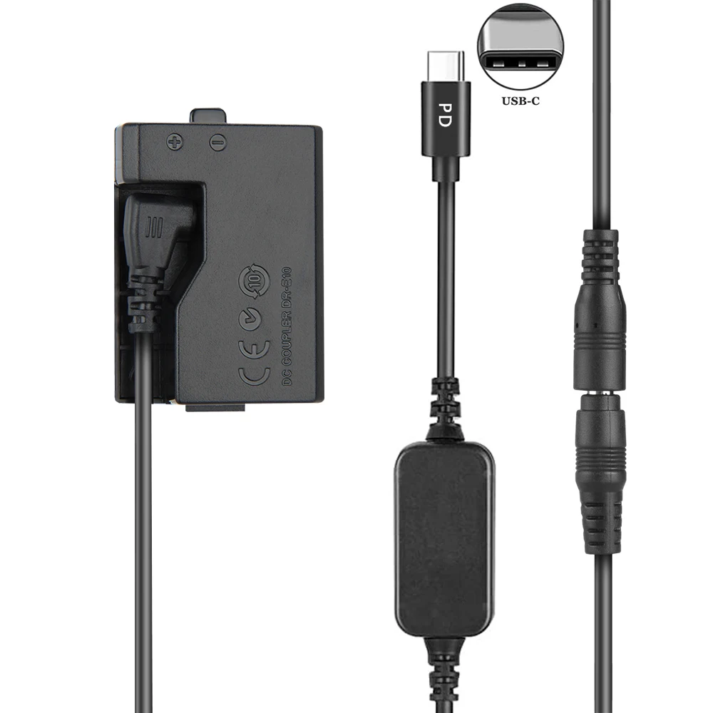 

PD Type-C Cable DR-E10 LP-E10 Dummy Battery DC Coupler ACK-E10 for Canon EOS Rebel T7 T6 T5 Kiss X50 X70 EOS 1200D 1500D