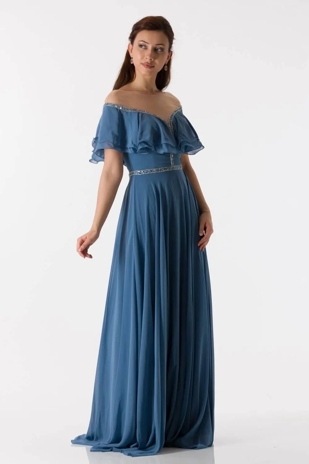 

Handles Ruffle Detail Indigo Long Chiffon Evening Dress