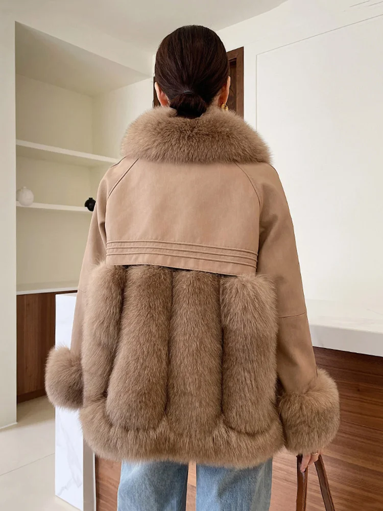 Women Real Fur Coat Autumn Winter Casual Thicken Fox Fur Collar Patchwork Sheepskin Down Cotton Liner Fur Jacket Loose Outerwear