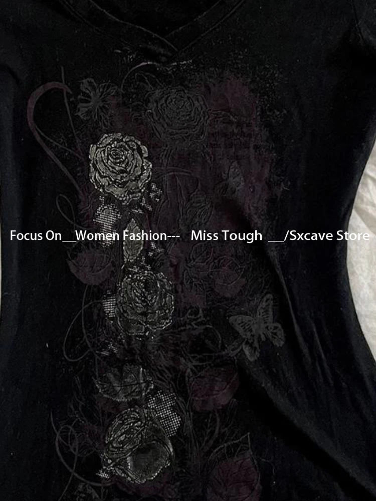 Винтажные тонкие повседневные Черные футболки в стиле Харадзюку Y2k женские