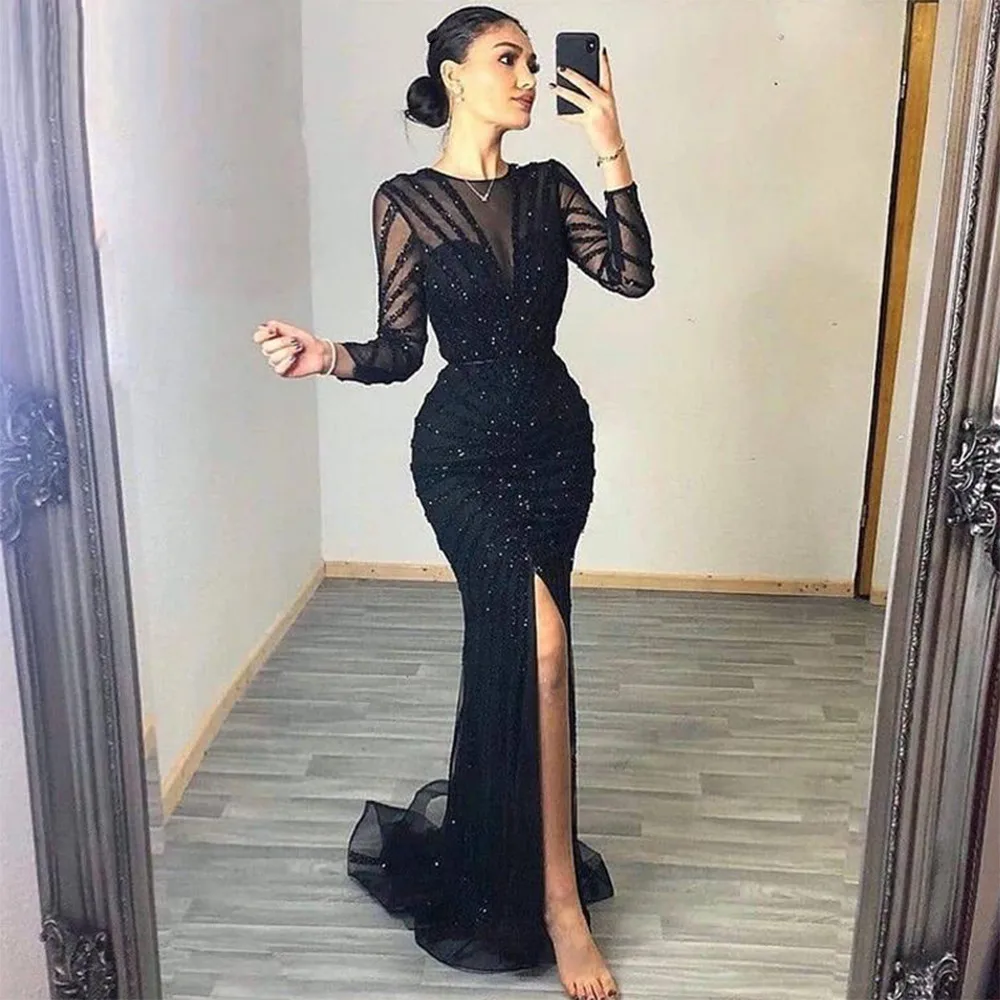 

2022 Sexy Mermaid Evening Dresses Long Luxury 2022 Dubai Side Split Long Sleeve Beads Sequins Formal Evening Party Dress