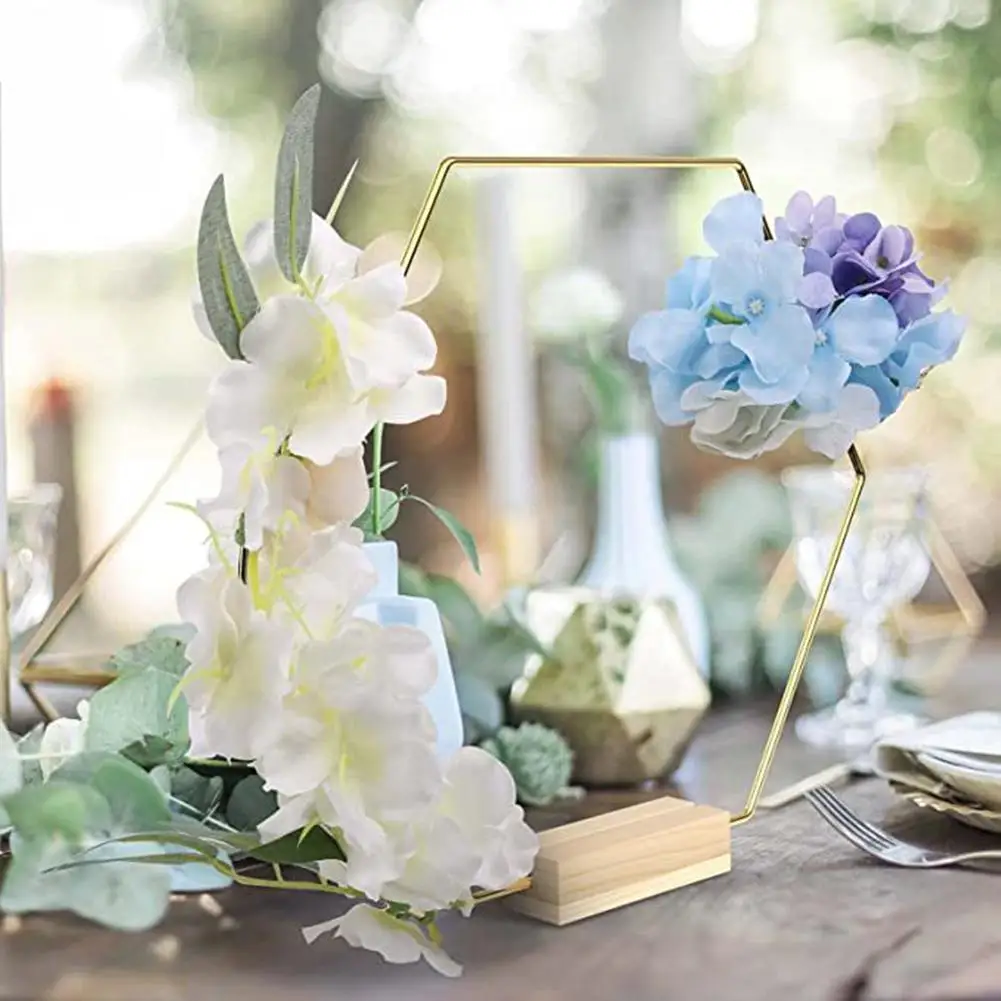 

10pcs Hexagonal Metal Floral Hoop Wreath Ring With Wooden Holders For Making Wedding Table Crafts