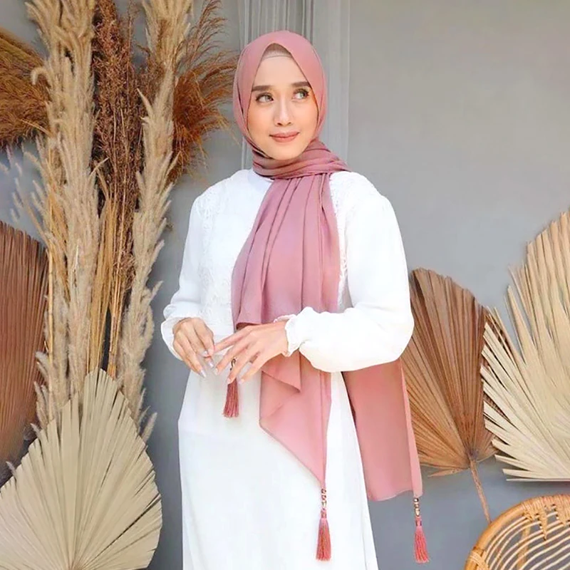 

1pc High Quality 70x175cm Square Silk Scarf Female Plain Shawls Tassels Lady Hair Neck Foulard India Muslim Headscarf Pareo