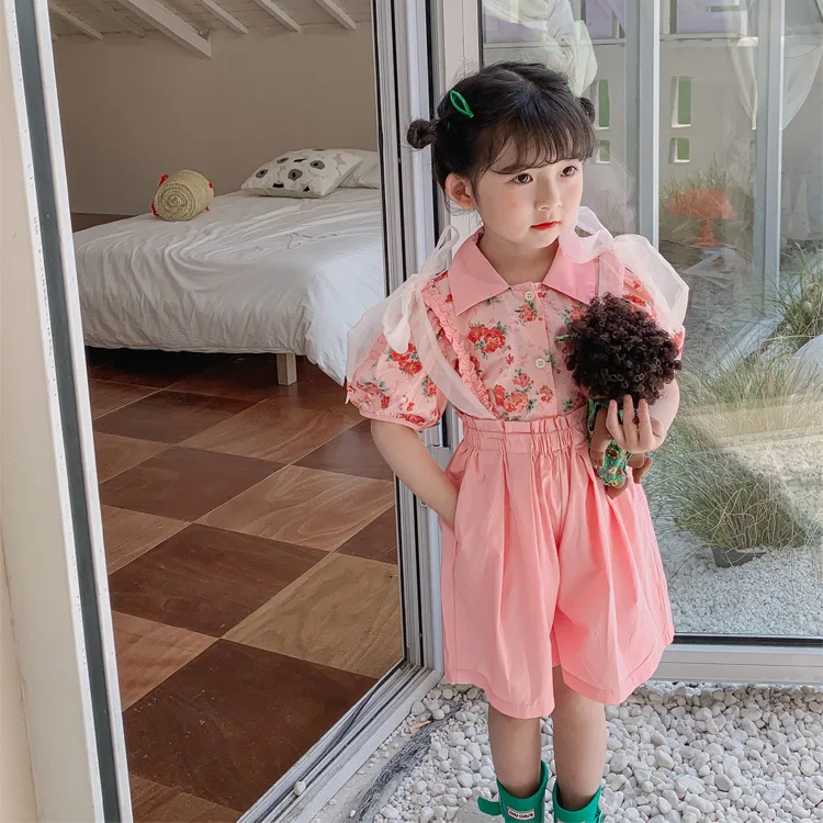 

Criscky 2022 New Girls Fashion Suit Floral Lapel T-shirt Mesh Bowknot Overalls 2-piece Suit Children's Clothing Girl Suit