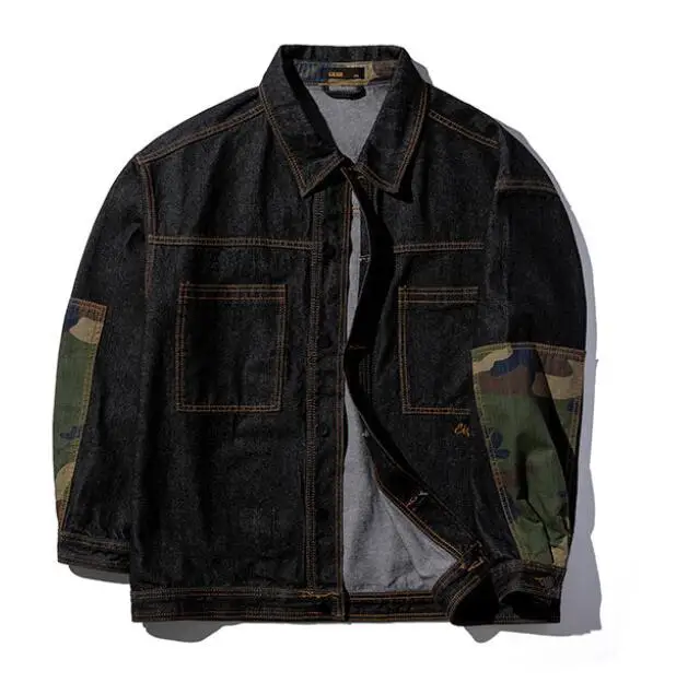 Men's Camouflage Jacket Mid-Length Denim Jacket Stitching Casual Loose Autumn Winter Lapel Jacket Overcoat Size 2XL-7XL