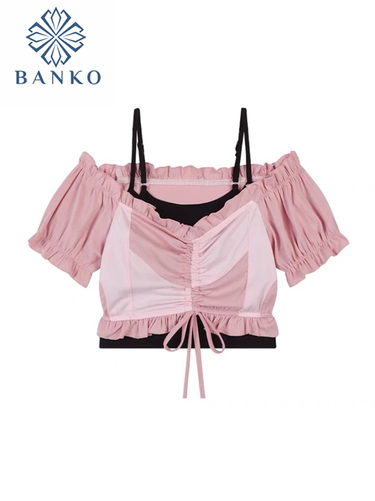 

Y2k Trim Crop Tops Cute Sweet Pink Patchwork Black Camisole Retro Puff Sleeve T Shirt Women Sexy Slash Neck Drawstring Clubwear