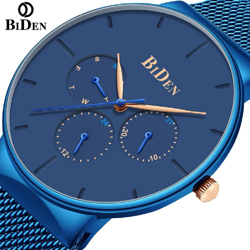 

Часы наручные BIDEN Мужские кварцевые, модные брендовые Роскошные повседневные деловые с хронографом, с сетчатым стальным браслетом, с датой