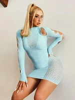 sexy cutout sheer long sleeve ladies dress fashion hollow out mesh patchwork long sleeve bodycon dresses 2022 summer club wear