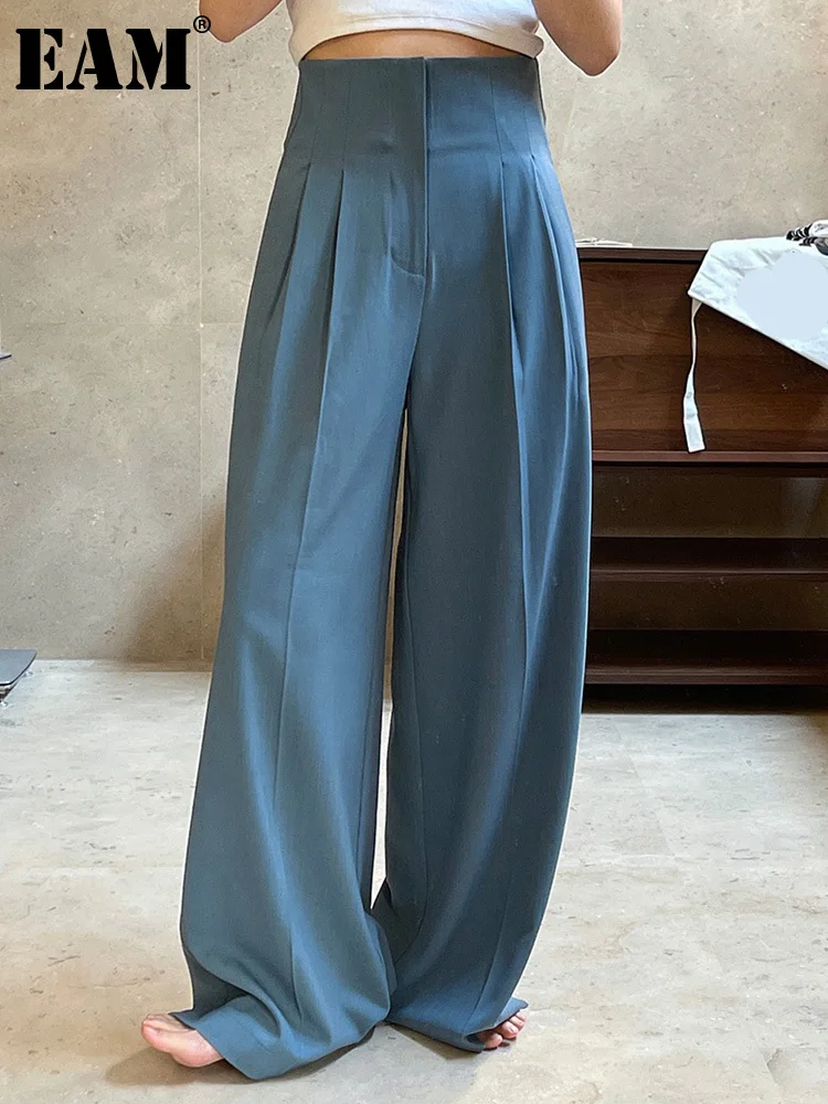 

[EAM] High Waist Blue Pleated Casual Long Wide Leg Pants New Loose Fit Trousers Women Fashion Tide Spring Autumn 2023 1DF4470