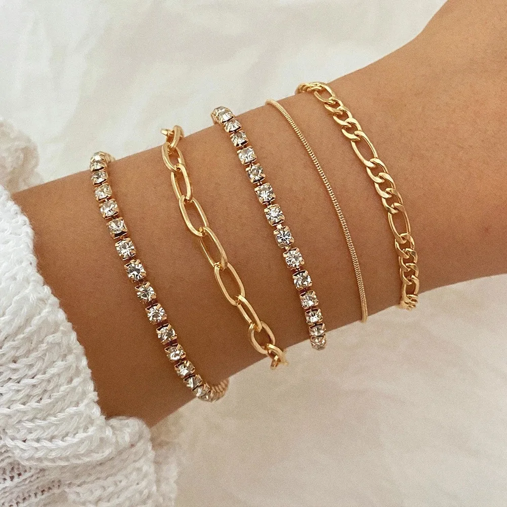 

European and American fashion jewelry simple 5 sets of bracelet lady gold and silver snake chain inlaid rhinestone bracelet whol