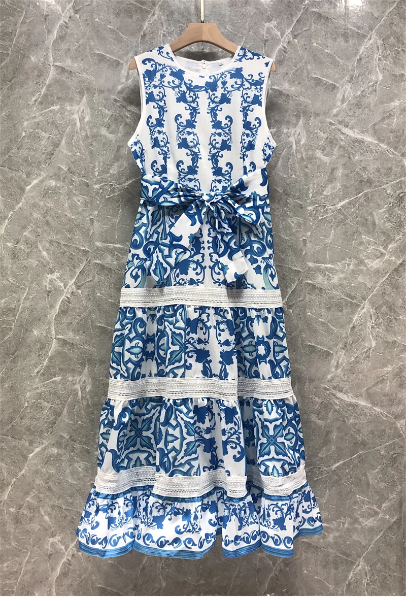 

New 2023 Spring Long Dress High Quality Women Vintage Prints Lace Embroidery Patchwork Sleeveless Casual Purple Green Maxi Dress