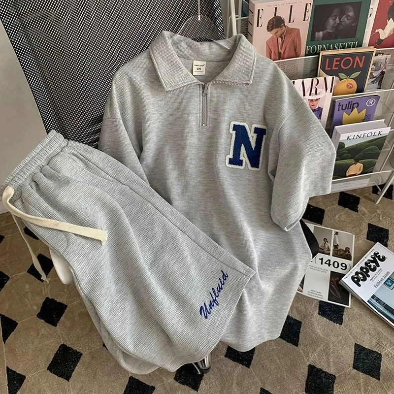 

2023 Повседневный Спортивный костюм с вафельным принтом, женская летняя рубашка с коротким рукавом в стиле унисекс, корейские шорты, комплект из двух предметов, женская одежда