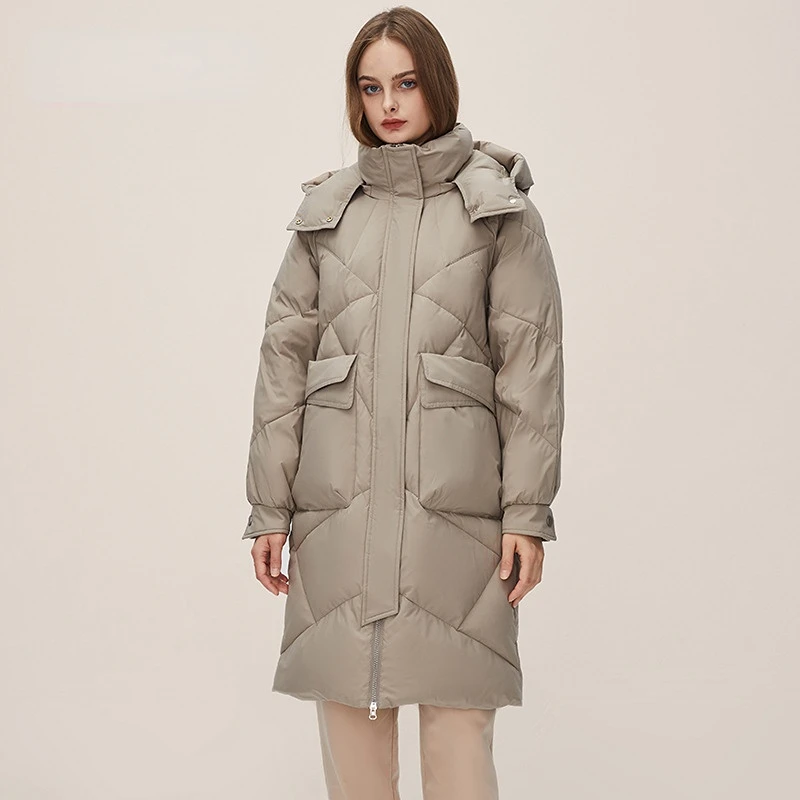Medium Length Down Jacket Women Warm White Duck Down Hooded Jacket Thickened Warm Loose Silhouette Hood Detachable
