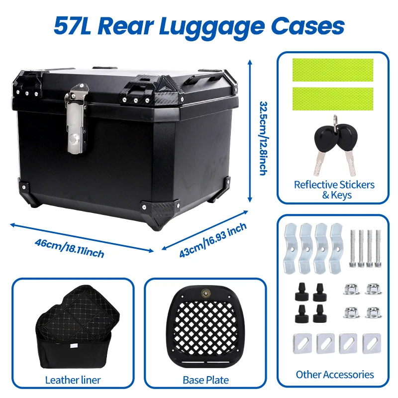 

Универсальный мотоциклетный верхний чехол 45 л, 57 л, водонепроницаемый багажник с замком из АБС-пластика, противоударный багажник для хранения шлема с монтажной стойкой