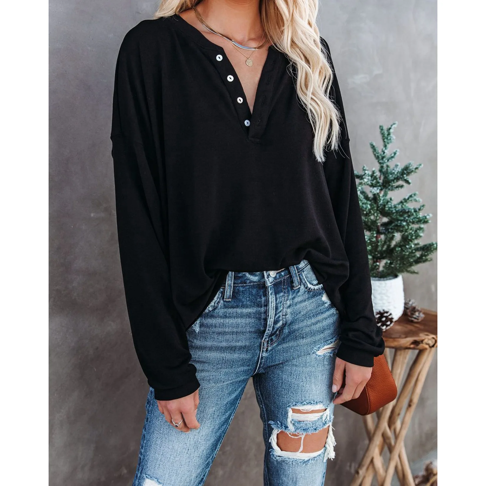 

Women Long Sleeve Button Up T-shirts Casual Solid Color Pullover Tee Tops Loose Fit Blouse Plus Size Dolman Long Sleeve