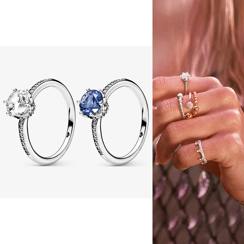 

925 Sterling Silver Pan Ring Blue Sparkle Crown With Large Crystal Cz Ring For Women Wedding Party Gift Fashion Jewelry