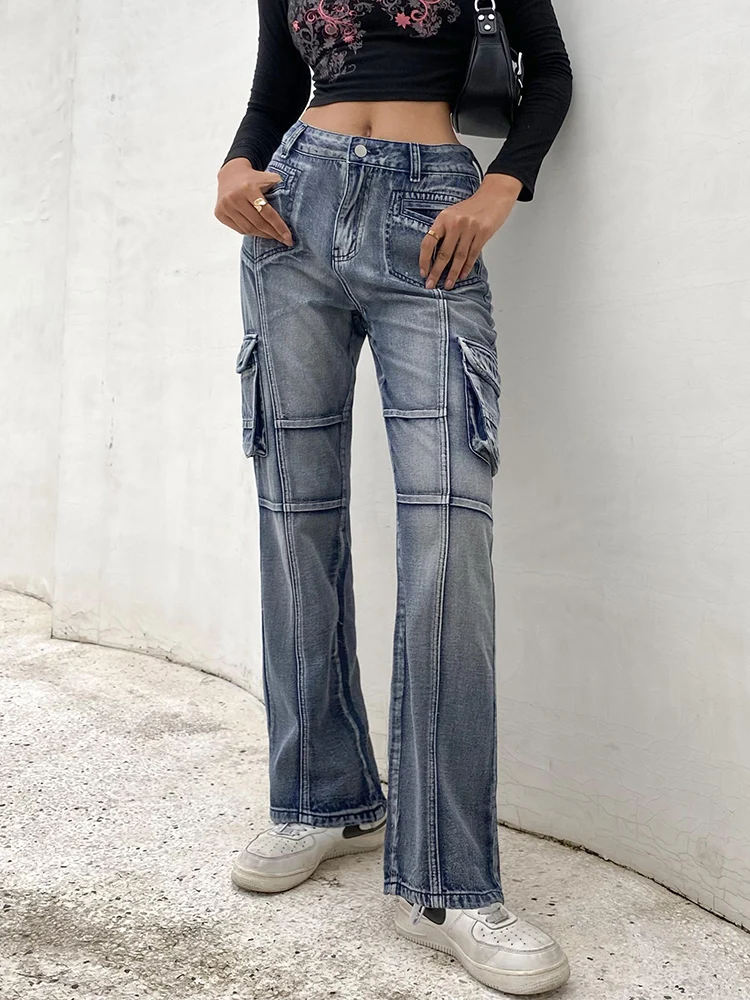 Vintage Y2K Jeans Women Low Waisted Pockets Trousers Baggy Casual Gothic Retro Denim Cargo Pants Street Straight Korean Jeans