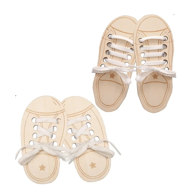 

2pc Wooden Lacing Shoe Toy Learn to Tie Laces Creative Threading Educational Toys Practice Tying Shoelaces Boards Montessori Toy